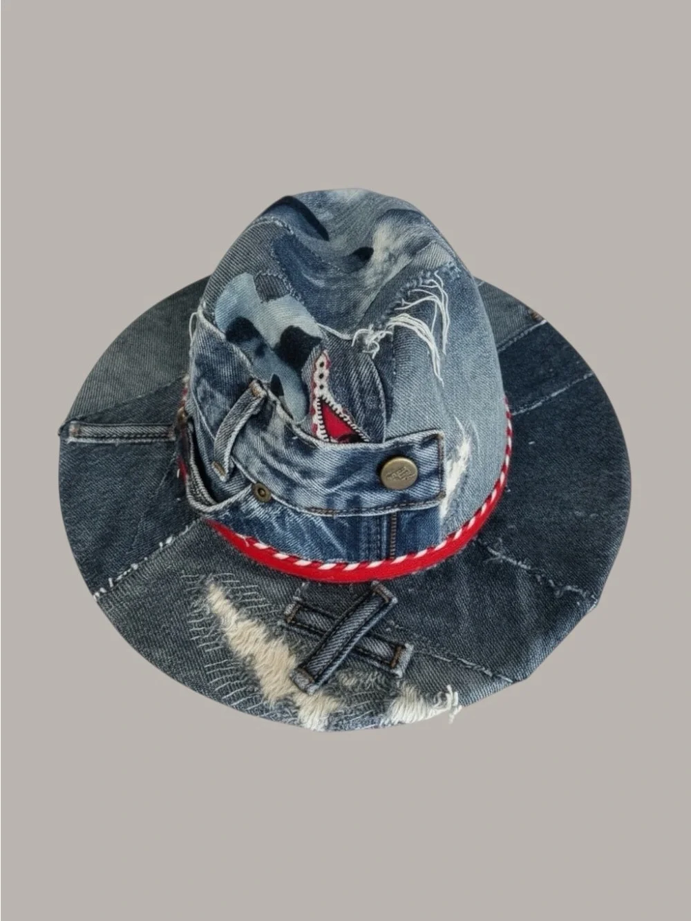 Kids Distressed Denim Fedora Hat with Red Trim
